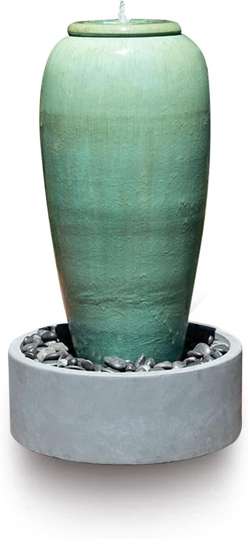 PLANTATOREM Long-Lasting Modern Ceramic Tall Jar Water Fountain with Framed Reservoir - Indoor/Outdoor Fountain for Patio, Deck, or Yard (Green Stream, 22.0" D x 46.5" H)
