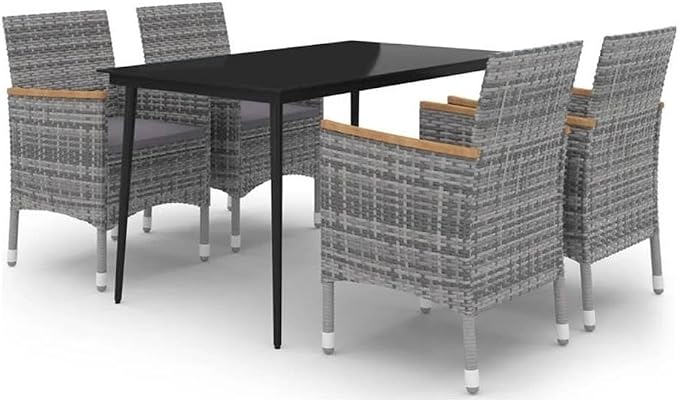 BOWERY HILL 5-Piece Contemporary Patio Dining Set, PE Rattan and Powder-Coated Steel, Gray and Dark Gray/Black Finish, Cushioned Seats, Weather-Resistant Design, Outdoor Furniture for Garden or