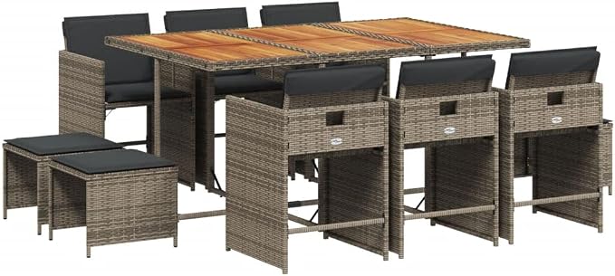 11 Piece Outdoor Patio Dining Set with Cushions Gray Poly Rattan, Foldable Chairs and Acacia Wood Table for Garden Backyard Deck Entertaining