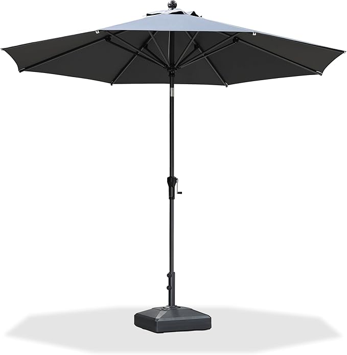 PURPLE LEAF 10' Round Patio Market Umbrella with Base Outdoor Table Umbrellas Aluminum Frame Sun Shade with 8 Sturdy Ribs Tilt for Garden Deck Lawn Pool Gray
