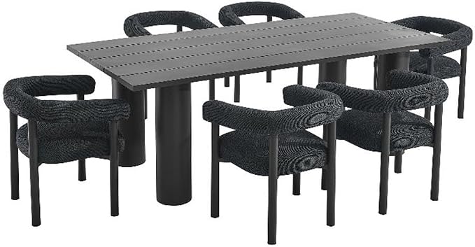 Modway Nautica 7-Piece Outdoor Rectangular Dining Set in Charcoal Graphite – Aluminum Patio Table and Chairs for 6 – Deck Table and Chairs - Outdoor Dining Set with Upholstered Curved Back Armchairs