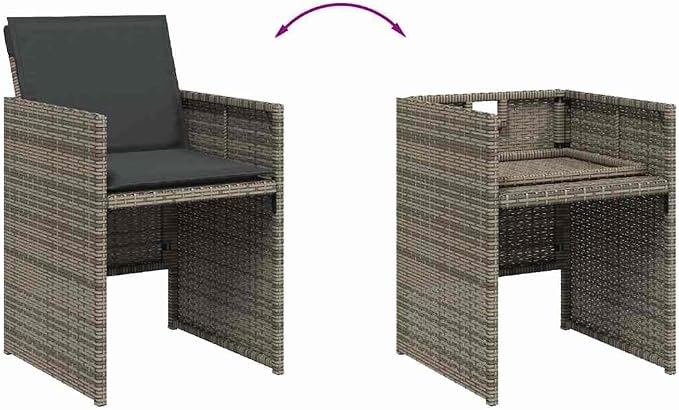 9 Piece Patio Dining Set with Cushions Gray Poly Rattan Outdoor Furniture Table with Acacia Wood Top 8 Folding Chairs UV-Proof for Garden Backyard Relaxing