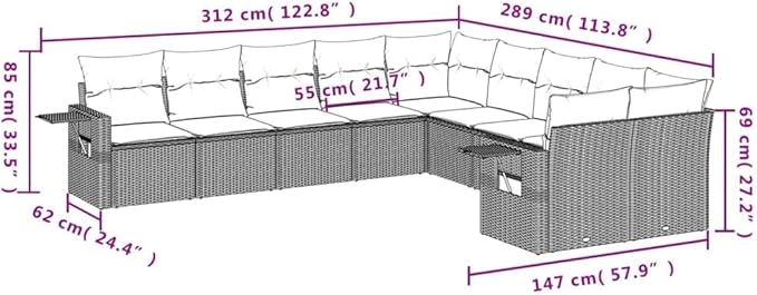 10 Piece Patio Sofa Set with Cushions, Patio Conversation Set Sectional Sofa Outdoor Sofa Sets Outdoor Dining Sets for Exhibition Negotiation Area Piazza Poolside Black Poly Rattan