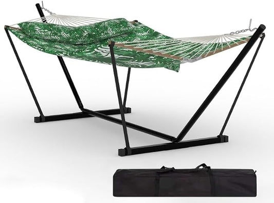 Double Hammock with Stand, 450 Lbs Capacity 12FT Heavy Duty Portable 2 Person Hammock with Steel Frame & Anti-Tip Design, Easy 2-Minute Setup for Patio, Garden, Beach, Backyard, Green Banana Leaf