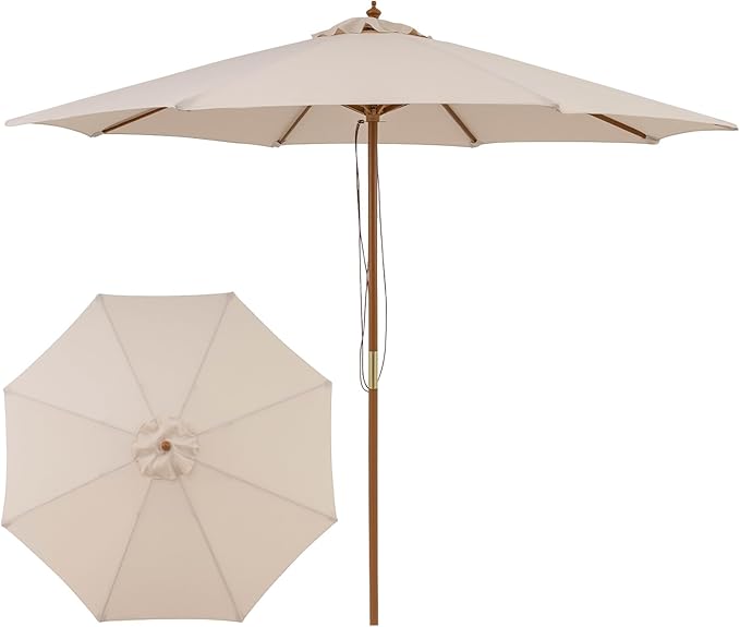 Tangkula 9 FT Patio Umbrella, Outdoor Table Market Umbrella with 8 Wooden Ribs, 3 Adjustable Heights, Rope Pulley System for Garden, Vented Top for Pool Backyard Deck Garden