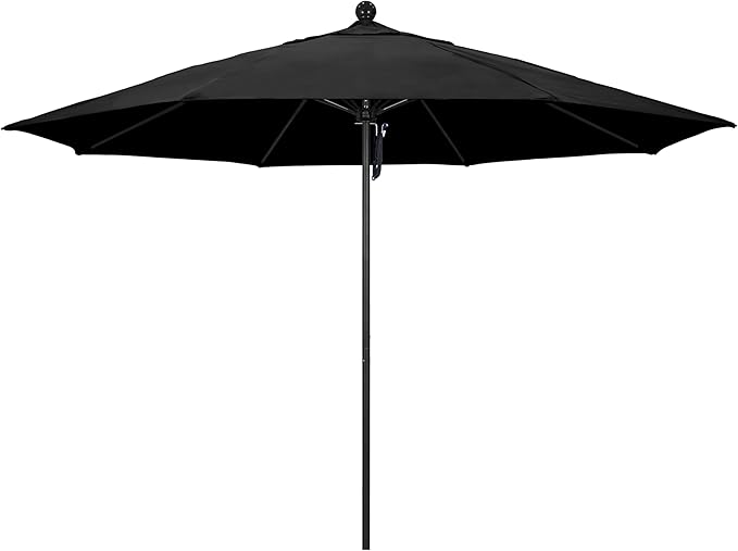 California Umbrella 11Ft Commercial Grade Market Umbrella, Pulley Lift, Aluminum/Fiberglass, 2mm pole wall, Black Frame, Solution Dyed Black Fabric