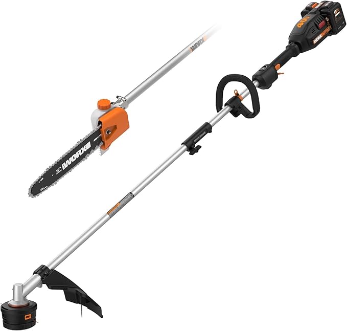 WORX WG186 40V Nitro Power Share Cordless Attachment-Capable Driveshare 15" String Trimmer with WA0222 40V Nitro Driveshare Pole Saw Attachment