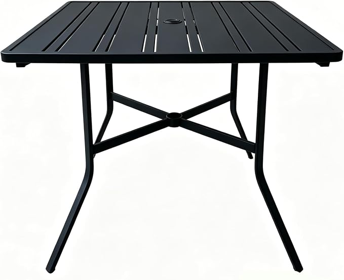 4-Seat Small Metal Square Outdoor Table with Umbrella Hole, Weather-Resistant Black Patio Dining Table for Backyard, Compact Sturdy Table with Slatted Top for Porch & Poolside