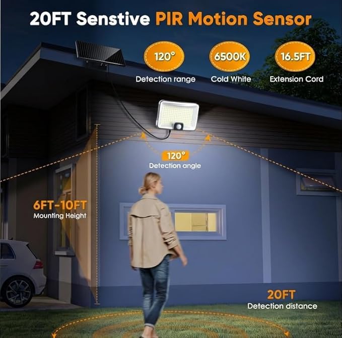 Solar Lights Outdoor Waterproof Motion Sensor, 1000LM LED Measured Flood Light with Remote,16 FT Detection, 270° Wide, Dusk to Dawn Solar Powered Security Lights for Porch Patio Yard Garage