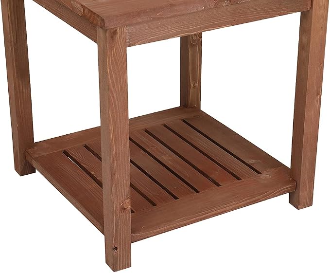 Outdoor Side Table, Carbonized Color Wood 18 inch Poolside Patio Table, Square Coffee Table with Storage Tier for Patio Porch Lawn