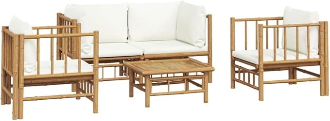 5 Piece Patio Lounge Set with Cream White Cushions, Patio Conversation Set Front Porch Furniture Outdoor Sofa Sets Outdoor Dining Sets for Exhibition Garden Piazza Negotiation Area Bamboo