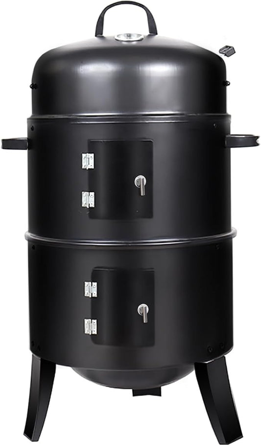 16 inch Vertical Charcoal Smoker, BBQ Grill, Fire Pit, 3-in-1 with Built-in Thermometer, Adjustable Air Vent, Idea for Parties, Backyard, Patio, Camping