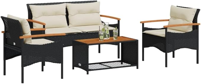 4 Piece Patio Sofa Set Black Poly Rattan Outdoor Conversation Set with Cream Cushions for Backyard Patio Balcony Porch