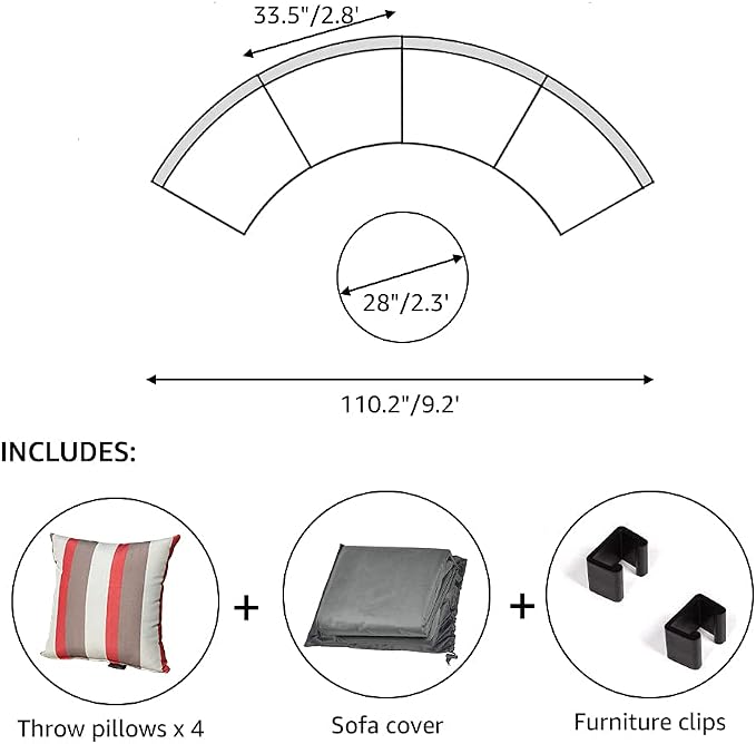 SUNSITT 5-Piece Half Moon Outdoor Sectional Sofa Set with Cover, Patio Brown PE Wicker Furniture with Beige Cushions & Tempered Glass Coffee Table