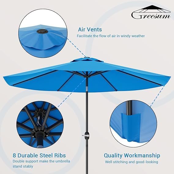 Greesum Patio Umbrella, Outdoor Table Umbrella with Push Button Tilt, Crank and 8 Sturdy Ribs
