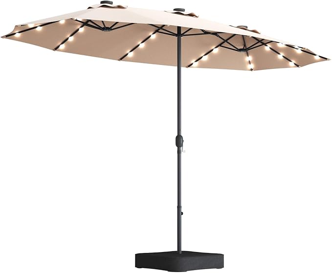 Tangkula 15 Ft Solar Patio Umbrella with Base, Extra Large Outdoor Double-Sided Twin Umbrella with 36 LED Lights & Crank Handle for Garden, Deck, Poolside, Patio (Beige)