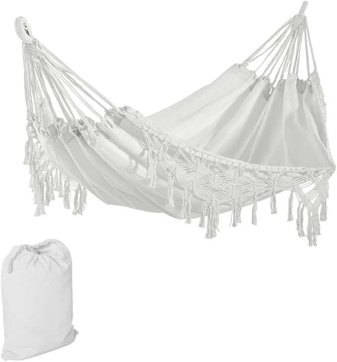 Large Boho Rope Hammock with Carrying Case, Macrame Pattern Bed for Patio Camping Garden Beach, Includes Tassel Fringe, White Outdoor Hanging Chair