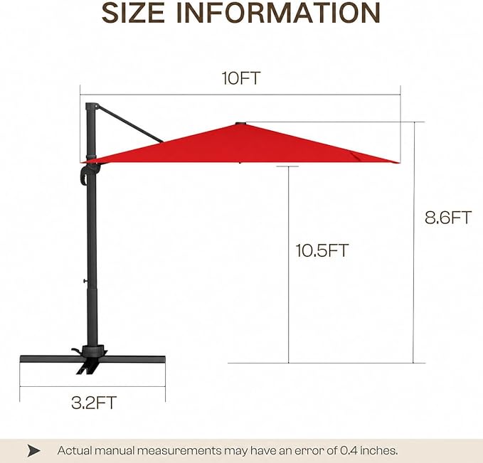 Kingdura 10x10 FT Cantilever Patio Umbrella with Base Included, Large Square Aluminum Offset Outdoor Pool Umbrella, 360° Rotation & 4-Position Tilt, UV Protection for Deck Backyard (Red)
