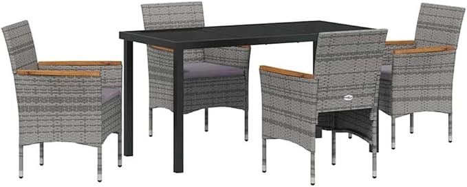 Afuera Living 5 Piece Poly Rattan Garden Dining Set, Gray UV-Resistant Material, Powder-Coated Steel Frame, Tempered Glass Tabletop, Acacia Wood Armrests, Lightweight, Modern Patio Furniture for