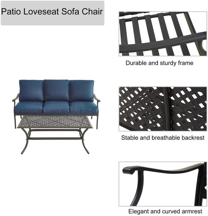 LOKATSE HOME 3 Seat Metal Patio Loveseat Bench Outdoor Furniture Bistro Set with Coffee Table for Lawn Front Porch Garden Yard or Poolside, Blue