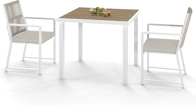 3 Pieces Metal Outdoor Dinning Set Featuring 1 Table and 2 Ratten Chairs Waterproof and Rust-Proof Courtyard Style Table Garden Balcony Poolside, White 3 Pcs