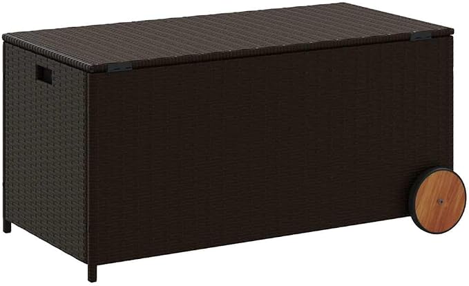 50 Gallon Garden Storage Box with Wheels, Outdoor Deck Bin for Patio Cushions, Pillows and Blankets, Weather-Resistant Brown PE Rattan, Rectangular Container