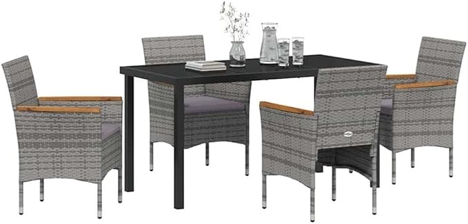 Afuera Living 5 Piece Poly Rattan Garden Dining Set, Gray UV-Resistant Material, Powder-Coated Steel Frame, Tempered Glass Tabletop, Acacia Wood Armrests, Lightweight, Modern Patio Furniture for
