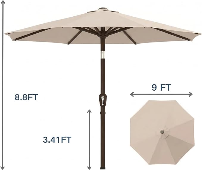 PatioKingdom 9FT Patio Outdoor Umbrella-UPF 50+ Sun Shade with Wind Vent, Push-Button Tilt & Smooth Crank Lift, Rust-Resistant Fiberglass Frame for Garden, Backyard,Yard (Beige)
