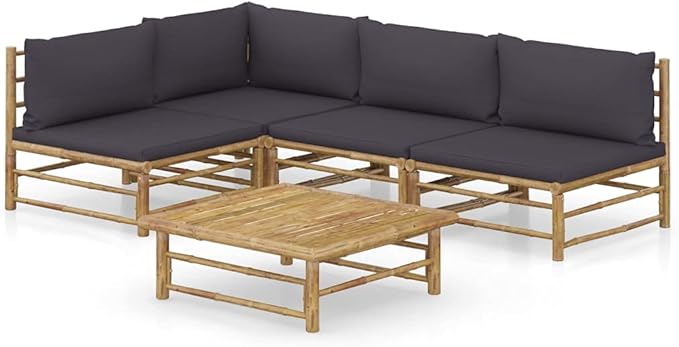 5 Piece Patio Lounge Set,Outdoor Furniture Set,Garden Outdoor Modular Bamboo Furniture Set,Sectional Sofa Set & Conversation Furnishings,for Patio,Garden,Backyard,with Dark Gray Cushions Bamboo