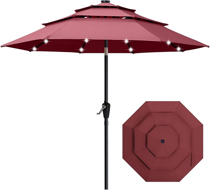 ABCCANOPY 10FT 3-Tiers Solar Led Patio Umbrellas (Burgundy)