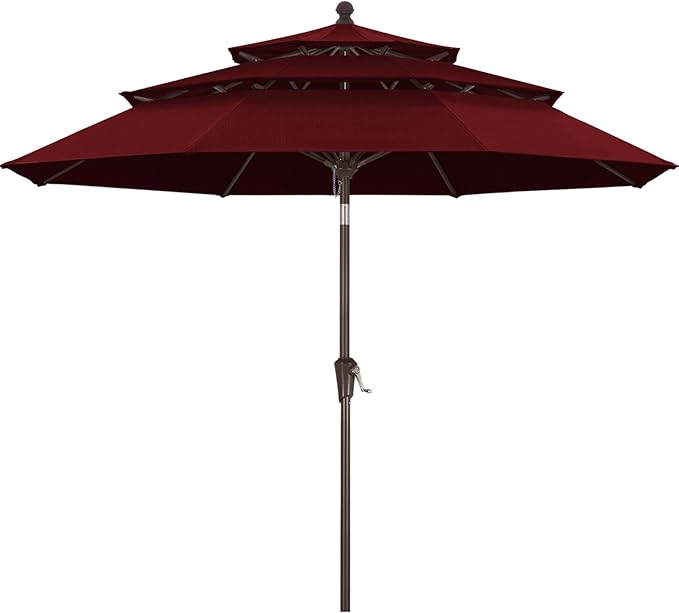 MASTERCANOPY 9ft 3-Tier Olefin Patio Umbrella with Tilt Crank, 5-Year-Non-Fading Canopy & 8 Fiberglass Ribs for Deck, Patio, and Garden, Dark Red