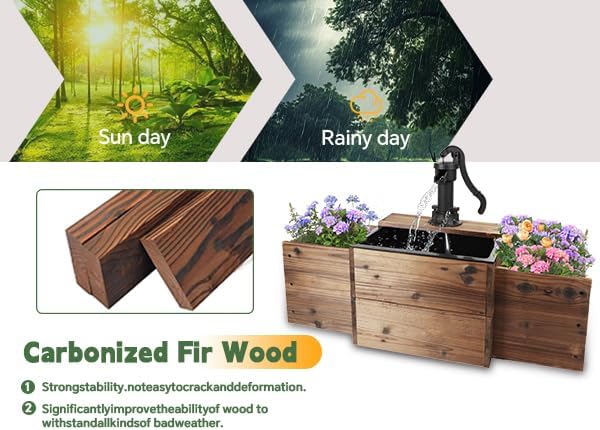 OIPRTGFJ Outdoor Water Fountain,Floor Wooden Pump Old-Fashioned Fountain with Flower Box,Solar Decorative Hand Pump, Outdoor Water Feature for Garden Patio Backyard (Solar Rectangular Pump)