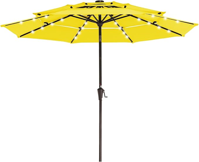 JEAREY 3 Tiers Patio Umbrella with Solar Lights 9ft Outdoor Market Table Umbrellas with Push Button Tilt for Outside Pool Garden, Yellow