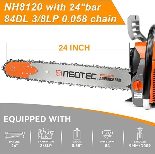 NEO-TEC NH8120 Chainsaw Gas 120cc Gas Powered Chainsaw with 24 Inch Bar, 8.4hp 6.2kw Big Large 2-cycle Motosierra De Gasolina for Extreme Logging Cutting, All Parts Fit for Husqvarna 3120 Xp