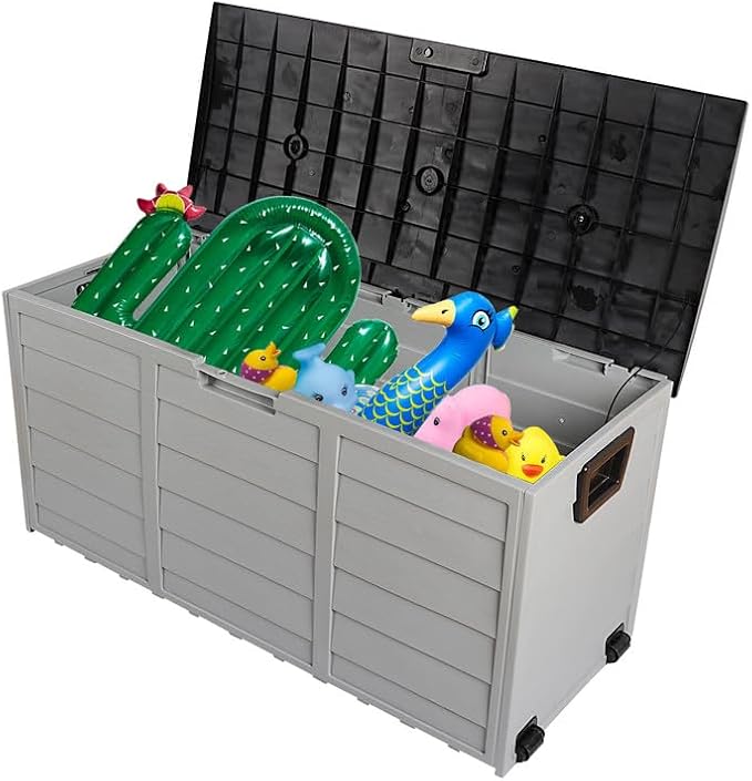 NOLLAM 75 Gallon Deck Box Outdoor Storage Box, Water Resistant Package Outside Deck Boxes Storage Box w/Lid & Side Handles & Wheels, Porch Furniture for Patio, Pool Accessories, Garden Tools, Black
