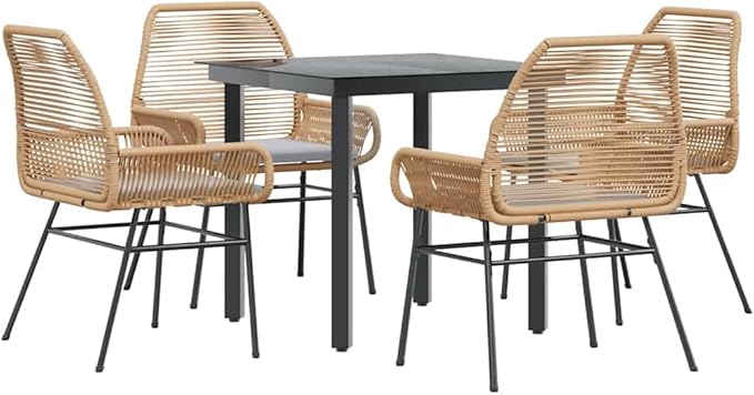 vidaXL 3-piece Poly Rattan Patio Dining Set with Cushions - Brown Seating, Black Glass Table, Perfect for Outdoor Garden Lawn Backyard Relaxation