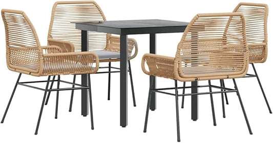 vidaXL 3-piece Poly Rattan Patio Dining Set with Cushions - Brown Seating, Black Glass Table, Perfect for Outdoor Garden Lawn Backyard Relaxation