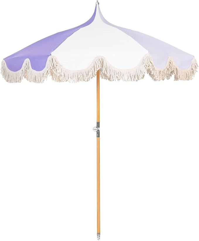 6.5ft Pagoda Beach Umbrella with Fringe, UPF 50+ Boho Umbrellas with Carry Bag, Premium Wood Pole Foldable Tassel Umbrella for Outdoor Garden Lawn Pool Yard Table