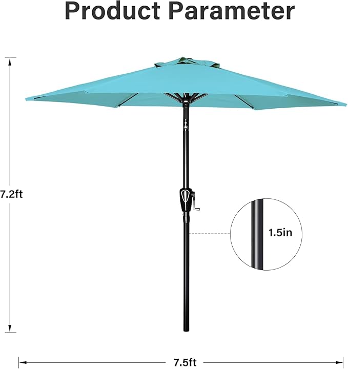Simple Deluxe 7.5ft Patio Umbrella Outdoor Table Market Yard Umbrella with Push Button Tilt/Crank, 6 Sturdy Ribs for Garden, Deck, Backyard, Pool, Turquoise