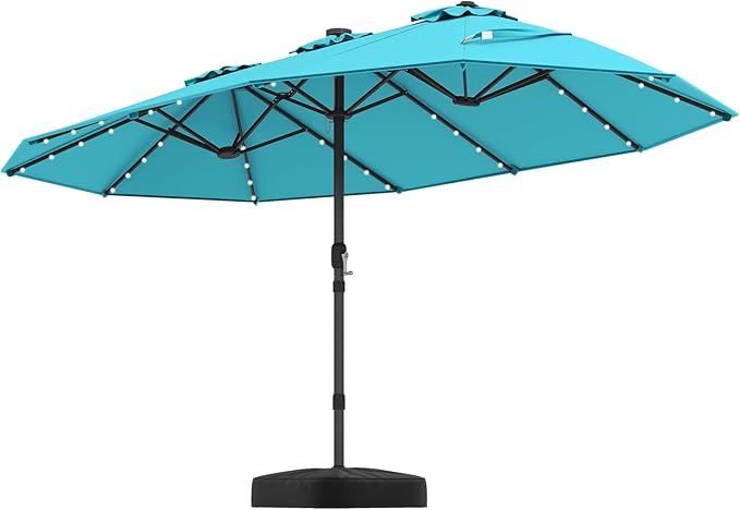 Tangkula 15FT Double-Sided Solar Patio Umbrella, Extra-Large Outdoor Twin Umbrella with 48 LED Lights, Vented Top, Crank Handle, 12 Ribs, Weighted Base Included for Backyard Poolside Deck (Turquoise)