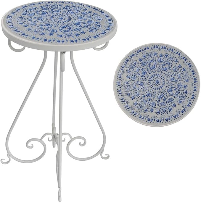 Vintage Outdoor Side Table Round Mosaic Ceramic Tile Top 14" Diameter Metal Plant Stand for Flower Pots Vase Garden Home Porch Pool Indoor Decor Weather Resistant Outside Patio Accent End Furniture
