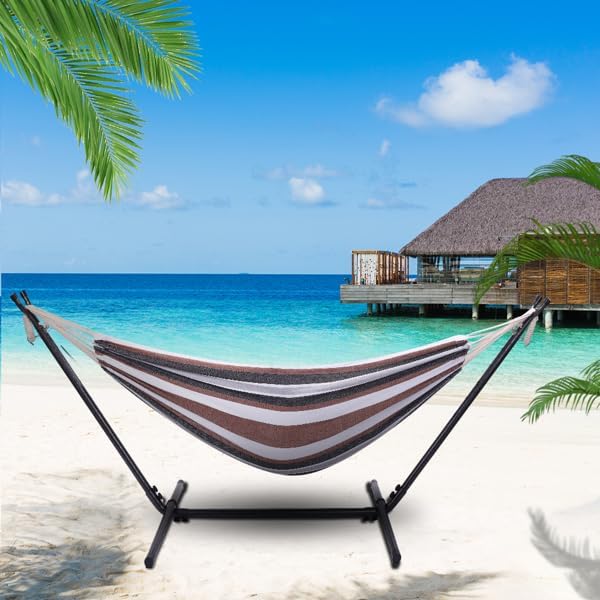 Double Hammock with Steel Stand for Outside,Portable Space Saving Heavy-Duty Steel Frame Hammock w/Portable Carrying Bag for Indoor Outdoor Patio Yard Camping,Easy Assembly,600 lbs Capacity (Coffee)