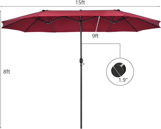 Tangkula 15Ft Double-Sided Patio Umbrella, Outdoor Extra Large Umbrella W/Hand-Crank System & Air Vents, Market Twin Umbrella W/ 12-Rib Sturdy Metal Frame for Poolside, Garden Backyard (Burgundy)