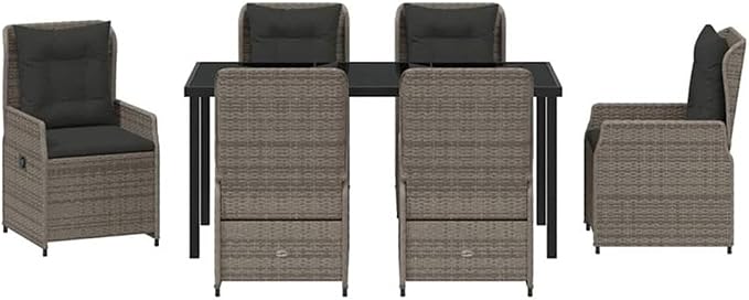 Afuera Living 7 Piece Poly Rattan Patio Dining Set, Gray Finish, Adjustable Backrest Chairs, Tempered Glass Table, Weather-Resistant Outdoor Garden Furniture for Family Gatherings and Dining Use