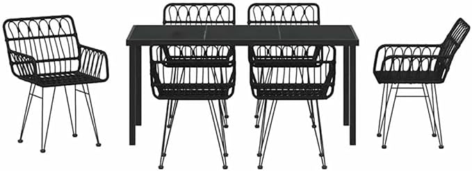Afuera Living 7 Piece Rectangular Poly Rattan Garden Dining Set, Black Powder-Coated Finish, UV-Resistant, Sturdy Steel Frame, Modern Outdoor Patio Furniture, Seating for 6, Weather-Resistant