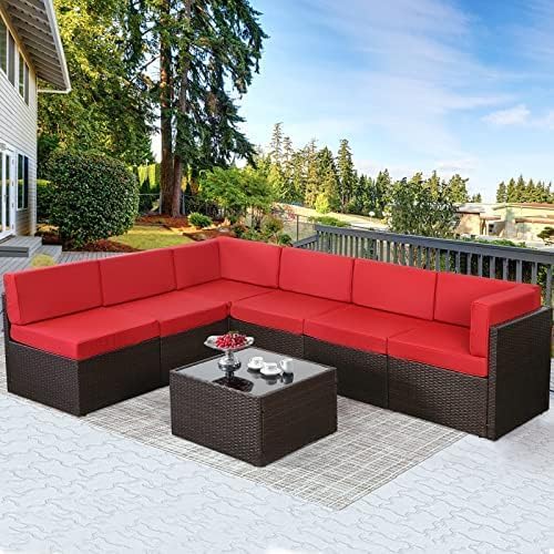U-MAX 7 Piece Outdoor Patio Furniture Set with Extra 30 Inch Fire Pit Table, PE Rattan Wicker Sofa Set, Outdoor Sectional Furniture Chair Set with Cushions and Tea Table, Brown Rattan&Red Cushion