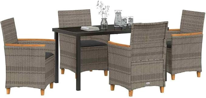 5 Piece Poly Rattan Garden Dining Set, Patio Table and 4 Chairs with Cushions, Modern Grey Outdoor Furniture for Backyard Terrace