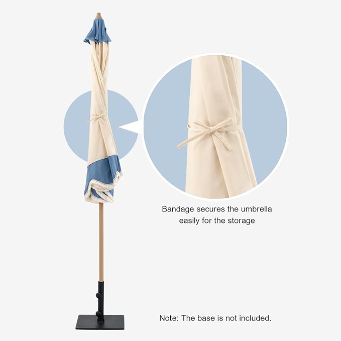 Tempera 9ft Beige Spliced Twilight Blue Tassels Scallop Patio umbrella,Outdoor Table Market Umbrellas with Crank & Pust Button Tilt, Wood Color Pole and 8 Steel Ribs