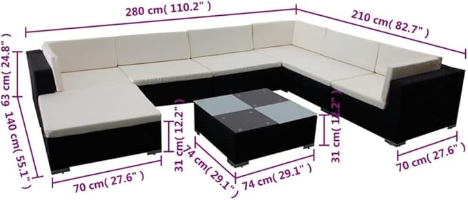 8 Piece Patio Lounge Set with Cushions, Outdoor Dining Sets Front Porch Furniture Sectional Sofa Patio Conversation Set for Garden Piazza Exhibition Poolside Poly Rattan Black