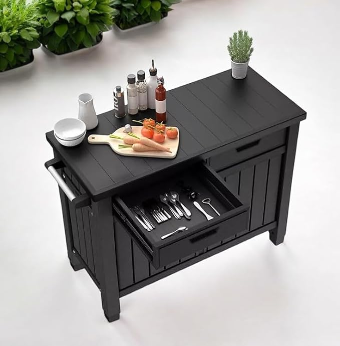 Outdoor Grill Table, Buffet, Entertainment and Storage Cabinet and Drawers, Graphite Gray